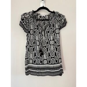 Rose + Olive Womens Black White Printed Blouse Tassel Tie V-Neck Top Size M